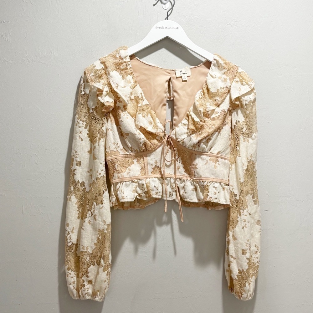 LENA Women’s V-Neck Ivory Beige Long Sleeve Lace Overlay Blouse Love Lemons Sz S